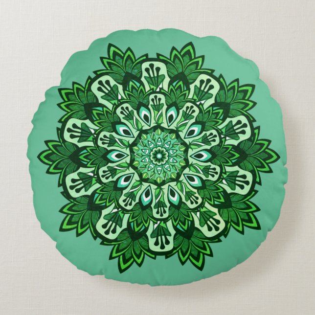 Tropisch blad Mandala op groene mist Boho Rond Kussen (Voorkant)