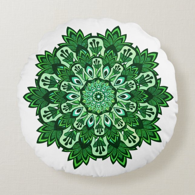Tropisch blad Mandala op witte boho Rond Kussen (Voorkant)