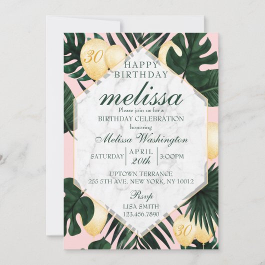 Tropisch blad marmer roze goudverjaardagsuitnodigi kaart (Voorkant)