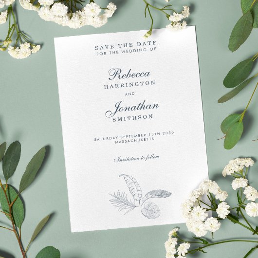 Tropisch blad Minimale bruiloft Bewaar de datum I Kaart