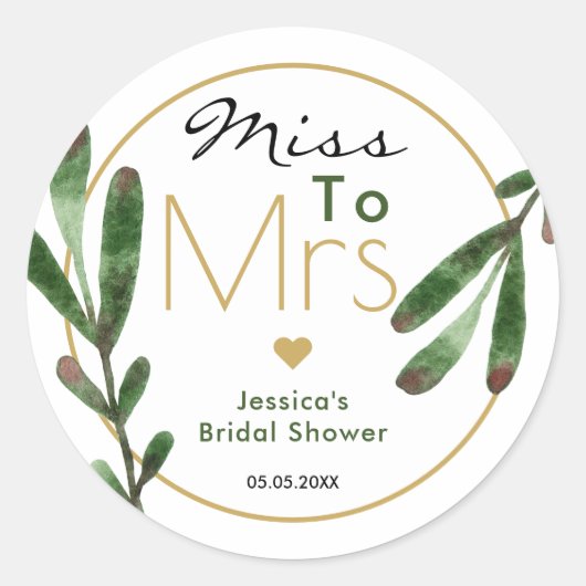 Tropisch blad Miss To Mrs Bruidsfeest Ronde Sticker (Voorkant)