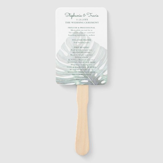 Tropisch blad Monstera Palm Roze Bruiloft Programm Handwaaier (Voorkant)