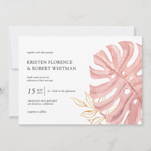 tropisch blad pastel goud bruiloft uitnodiging (Voorkant)