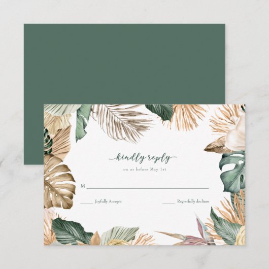 Tropisch blad strand bruiloft RSVP Kaartje (Voorkant / Achterkant)