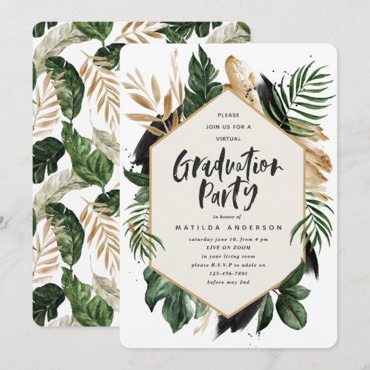Tropisch blad virtuele afstuderen-uitnodiging (Voorkant / Achterkant)