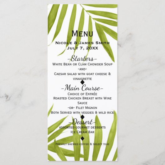 Tropisch blad zomer elegante trouwmenu menu (Voorkant)