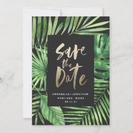 Tropisch bladbladerblad en goudschrift save the date