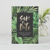 Tropisch bladbladerblad en goudschrift save the date (Staand voorkant)