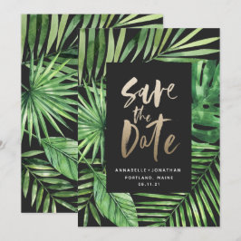 Tropisch bladbladerblad en goudschrift save the date