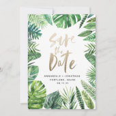Tropisch bladbladerblad en goudschrift save the date (Voorkant)