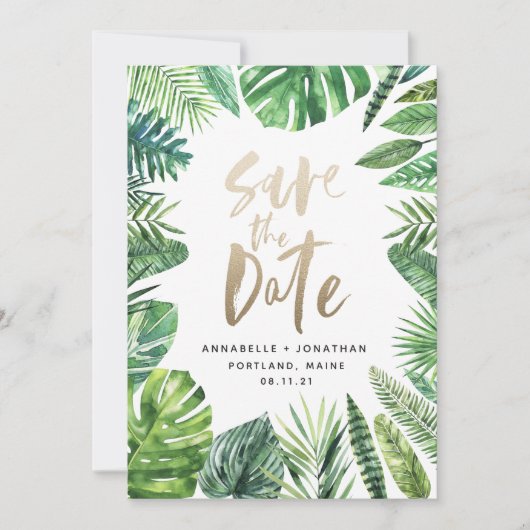 Tropisch bladbladerblad en goudschrift save the date (Voorkant)