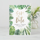 Tropisch bladbladerblad en goudschrift save the date (Staand voorkant)
