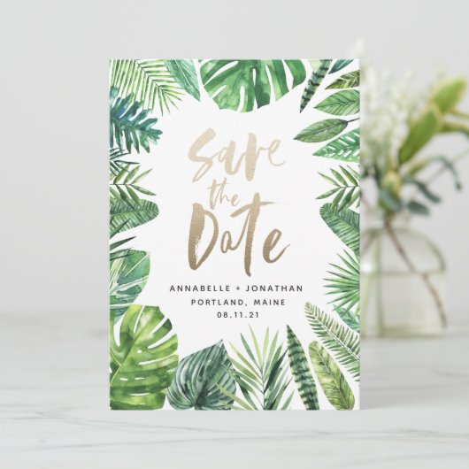 Tropisch bladbladerblad en goudschrift save the date (Staand voorkant)