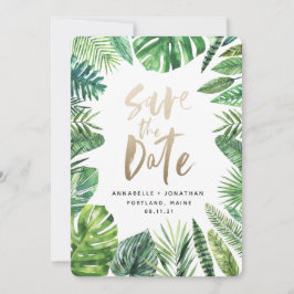 Tropisch bladbladerblad en goudschrift save the date