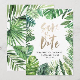 Tropisch bladbladerblad en goudschrift save the date
