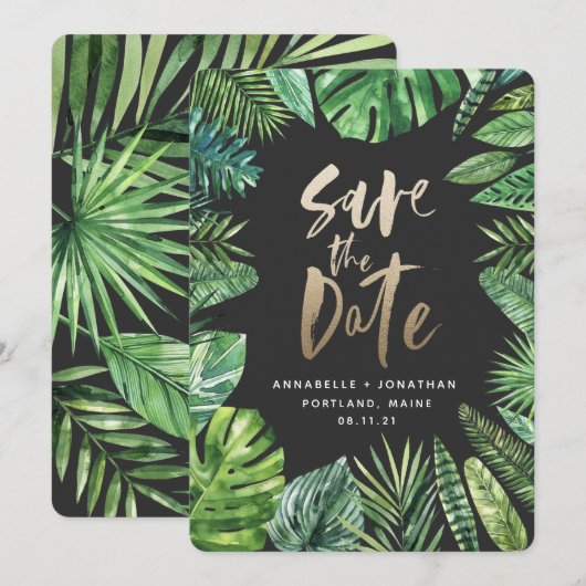 Tropisch bladbladerblad en goudschrift save the date (Voorkant / Achterkant)