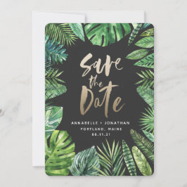 Tropisch bladbladerblad en goudschrift save the date