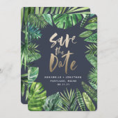 Tropisch bladbladerblad en goudschrift save the date (Voorkant / Achterkant)