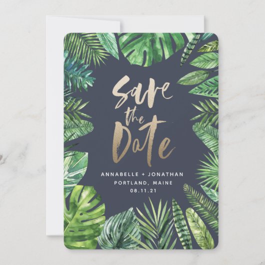 Tropisch bladbladerblad en goudschrift save the date (Voorkant)