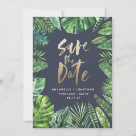 Tropisch bladbladerblad en goudschrift save the date