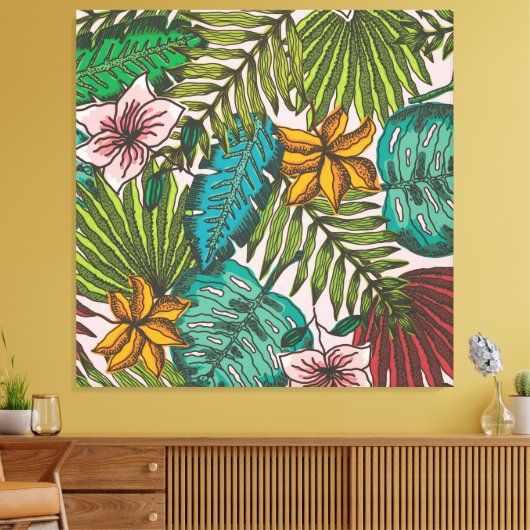 Tropisch Bladeren Patroon - Boho Bloemendecoratie Canvas Afdruk (Insitu (Woonkamer))