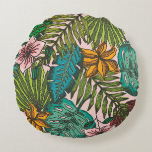 Tropisch Bladeren Patroon - Boho Bloemendecoratie Rond Kussen