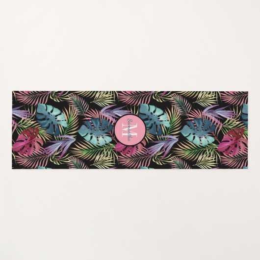 Tropisch bladerpatroon met uw monogram yogamat (Voorkant (horizontaal))