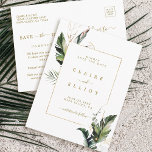 Tropisch Bladgroen Goud Bruiloft Save the Date Aankondigingskaart<br><div class="desc">Op deze bruiloft is de datumuitnodigingskaart voorzien van waterverf groene tropische bladeren,  palmbladeren,  bananenbladeren met een gouden rechthoekige lijst. Het is perfect voor een strand of een bestemming bruiloft. >> Bekijk het hele collectie >>> https://www.zazzle.com/collections/tropical_foliage_gold_collection-119316977990783186</div>