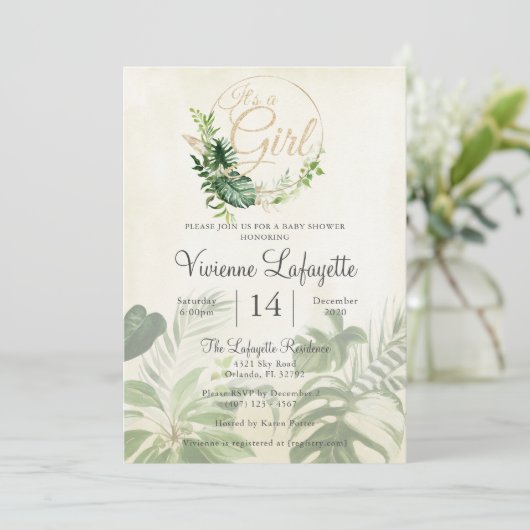 Tropisch bladgroen Het is een meisje baby shower Kaart (Staand voorkant)