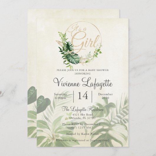 Tropisch bladgroen Het is een meisje baby shower Kaart (Voorkant / Achterkant)