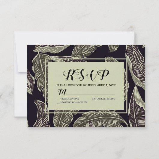 Tropisch bladgroen zwart script RSVP kaartje (Voorkant)