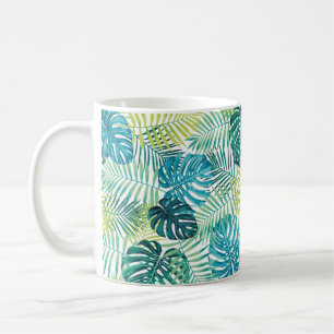 Tropisch bladontwerp met groene/blauwe handpalm en koffiemok