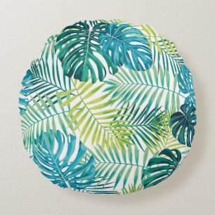 Tropisch bladontwerp met groene/blauwe handpalm en rond kussen