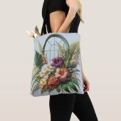 Tropisch bladpatroon met gebogen raam tote bag (Dichtbij)