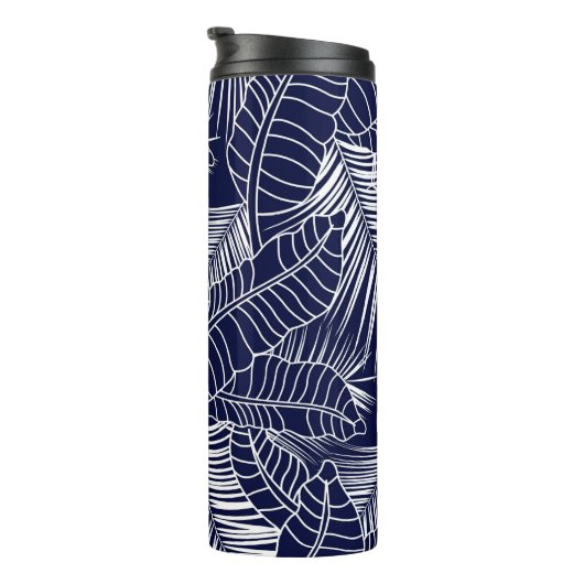 tropisch bladpatroon op de blauwe achtergrond van  thermosbeker (Geroteerd rechts)