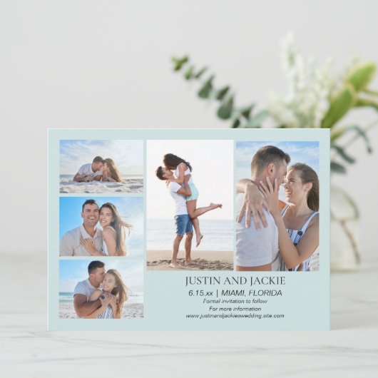 Tropisch Blauw 5 Foto Huwelijk Save Datum Save The Date (Staand voorkant)