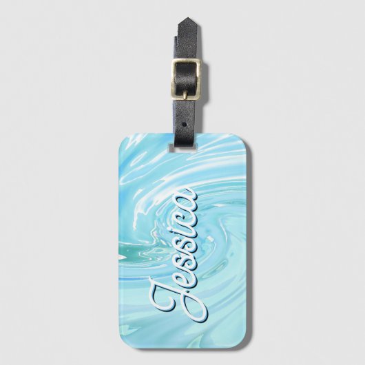 Tropisch Blauw Abstract Acryl Giet Water Monogram Bagagelabel (Voorkant (verticaal))