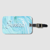 Tropisch Blauw Abstract Acryl Giet Water Monogram Bagagelabel (Voorkant (horizontaal))