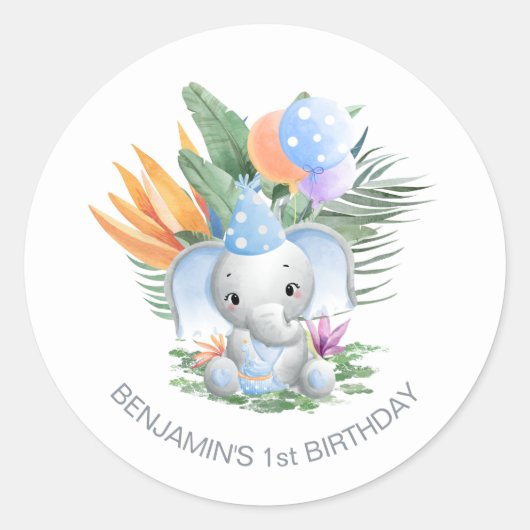 Tropisch blauw Baby Elephant 1e verjaardag Ronde Sticker (Voorkant)