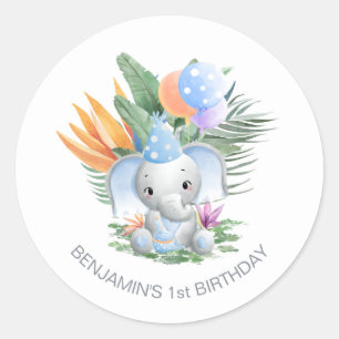 Tropisch blauw Baby Elephant 1e verjaardag Ronde Sticker