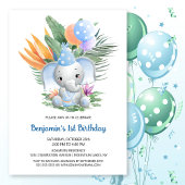 Tropisch blauw Baby olifant 1e verjaardag Kaart