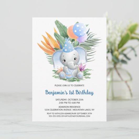 Tropisch blauw Baby olifant 1e verjaardag Kaart (Staand voorkant)