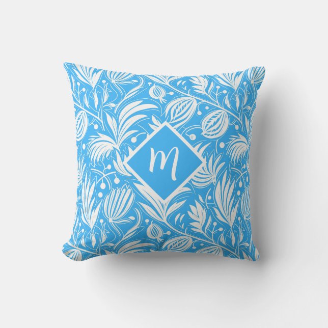 Tropisch Blauw Bloemmotief Diamanten Monogram Kussen (Voorkant)
