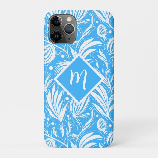 Tropisch Blauw Bloempatroon Diamant Monogram Case-Mate iPhone Case (Achterkant)