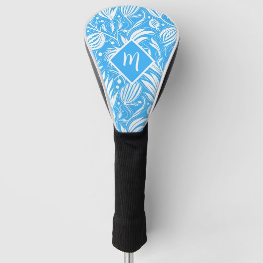 Tropisch Blauw Bloempatroon Diamant Monogram Golfheadcover (Voorkant)