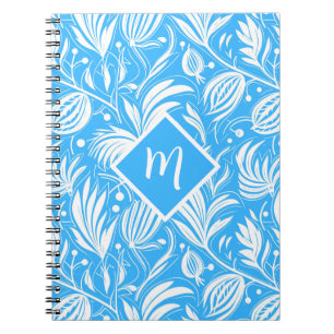 Tropisch Blauw Bloempatroon Diamant Monogram Notitieboek