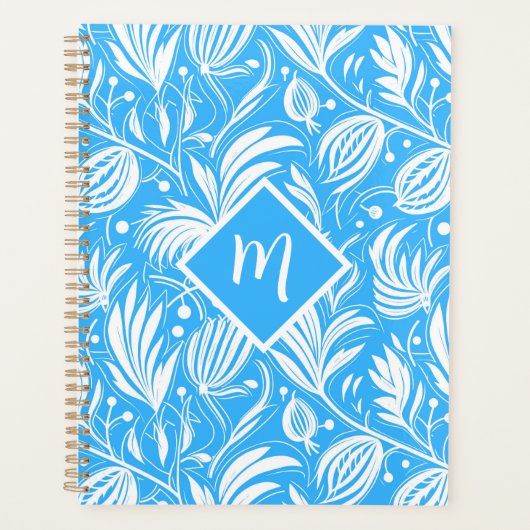 Tropisch Blauw Bloempatroon Diamant Monogram Planner (Voorkant)