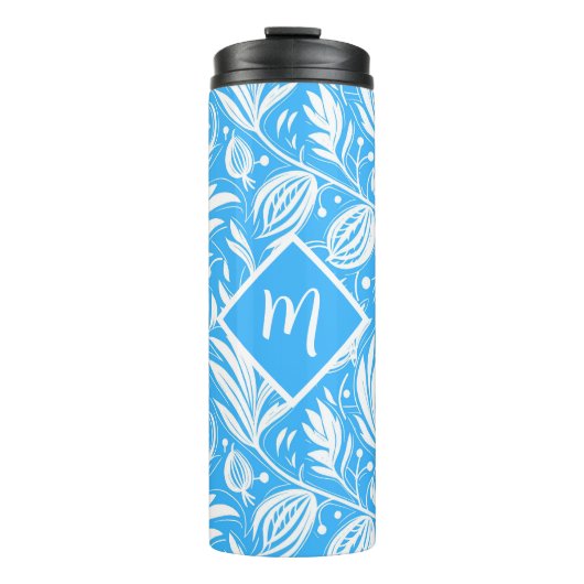 Tropisch Blauw Bloempatroon Diamant Monogram Thermosbeker (Voorkant)