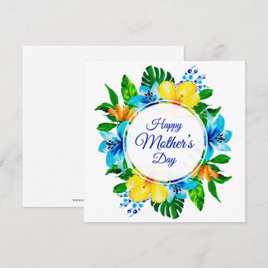 Tropisch Blauw en Geel Bloemen Gelukkige Moederdag Feestdagenkaart (Voorkant / Achterkant)