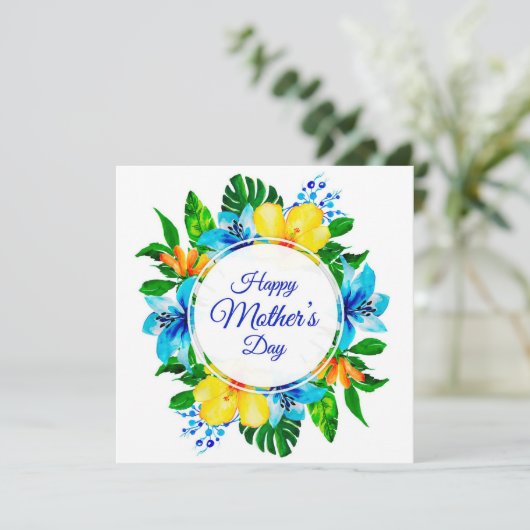 Tropisch Blauw en Geel Bloemen Gelukkige Moederdag Feestdagenkaart (Staand voorkant)